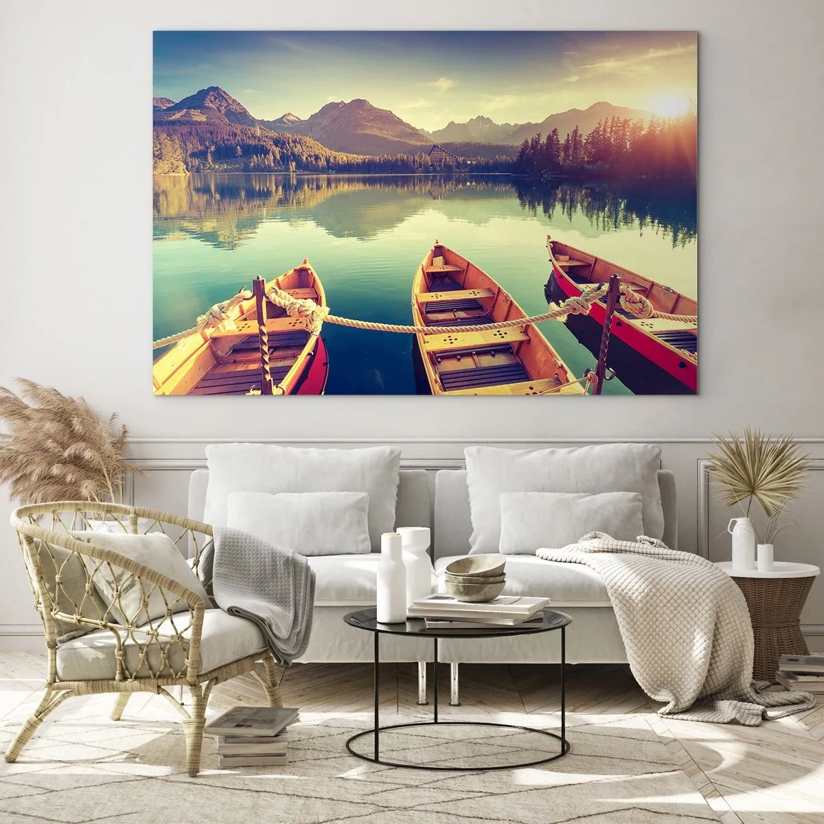Glass picture - Wooden boats on a calm lake surrounded by mountains - 70x50cm - Following Her Rules - Modern wall decoration for the living room and bedroom ARTTOR