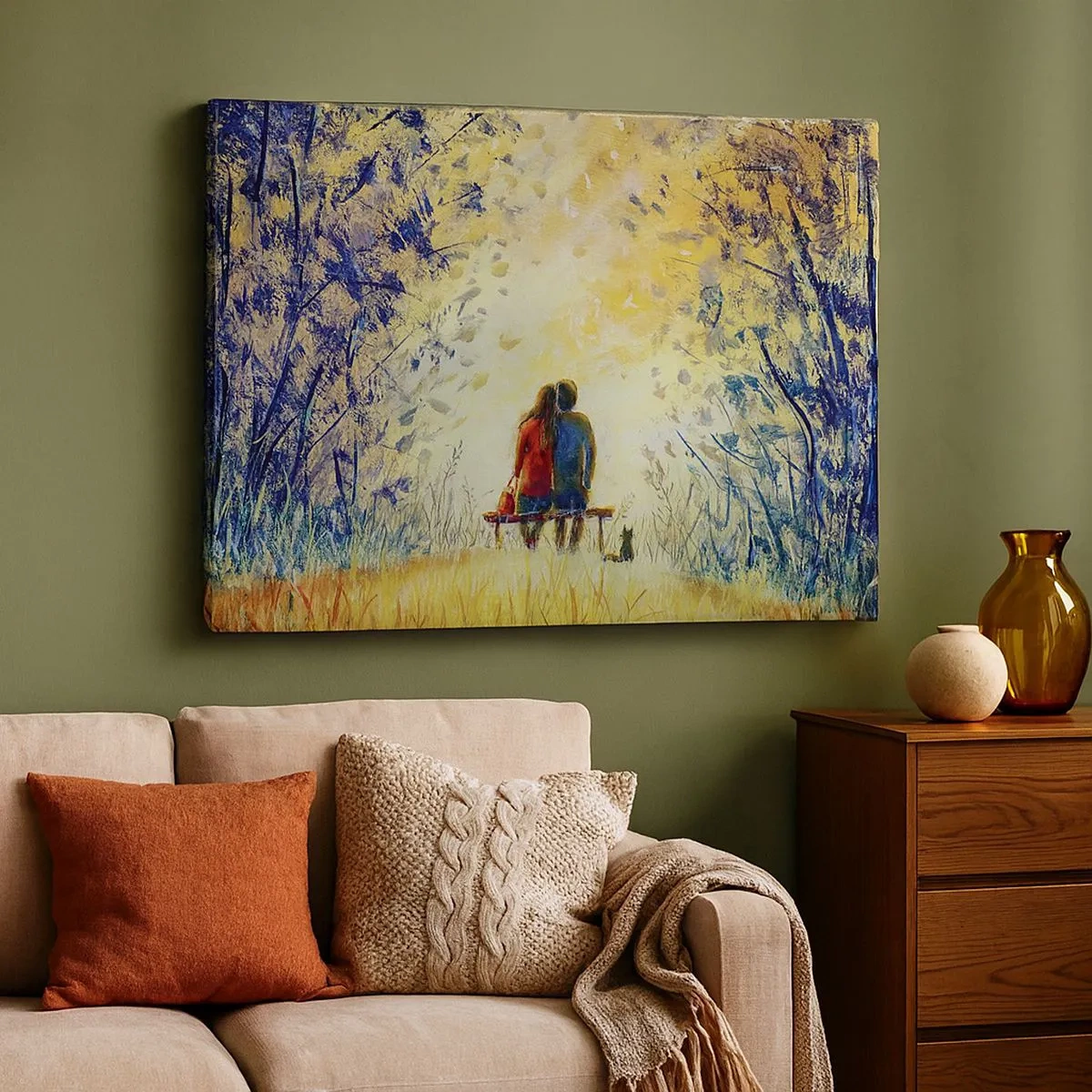 Canvas picture - A couple sitting on a bench among autumn trees in the sunlight - 70x50cm - Magical Moment - Modern wall decoration for the living room and bedroom ARTTOR