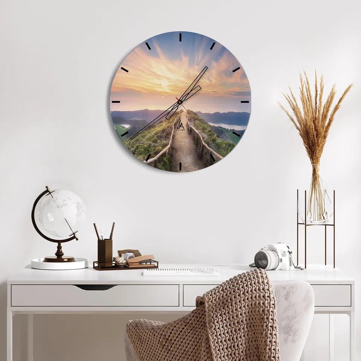 Wall clock - Clock on glass - A path leading through the hills against the backdrop of the setting sun - 30x30cm - Close to Heaven - Modern wall decoration for the living room, kitchen, and bedroom ARTTOR
