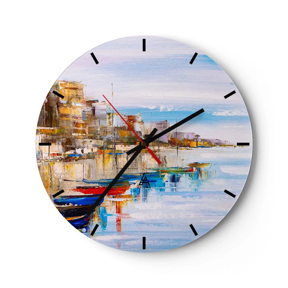 Wall clock - Clock on glass - A colorful urban haven in the impressionist style - 30x30cm - Multicolour Town Marina - Modern wall decoration for the living room, kitchen, and bedroom ARTTOR