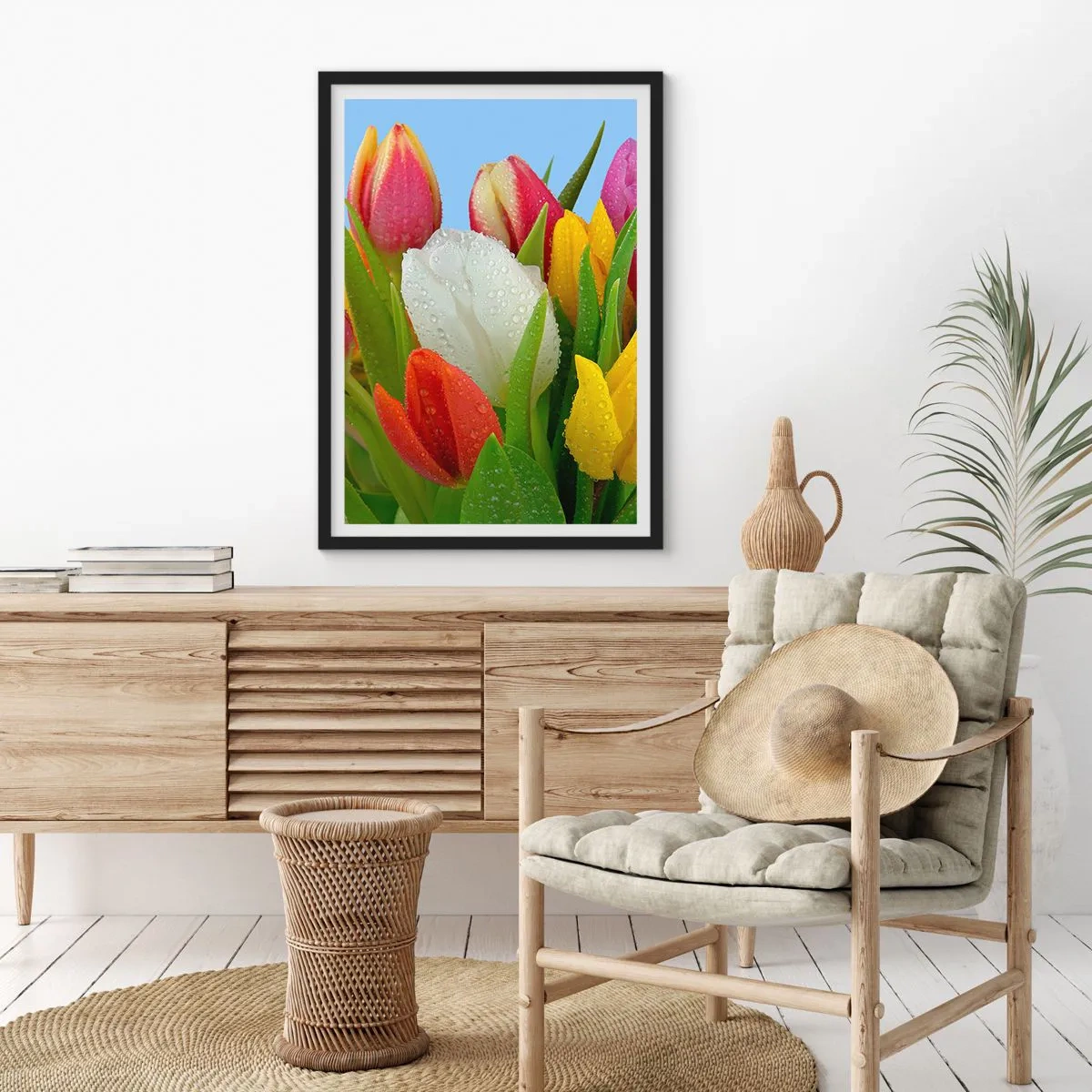 Poster in black frame - Floral Rainbow in Dew Drops - 70x100 cm