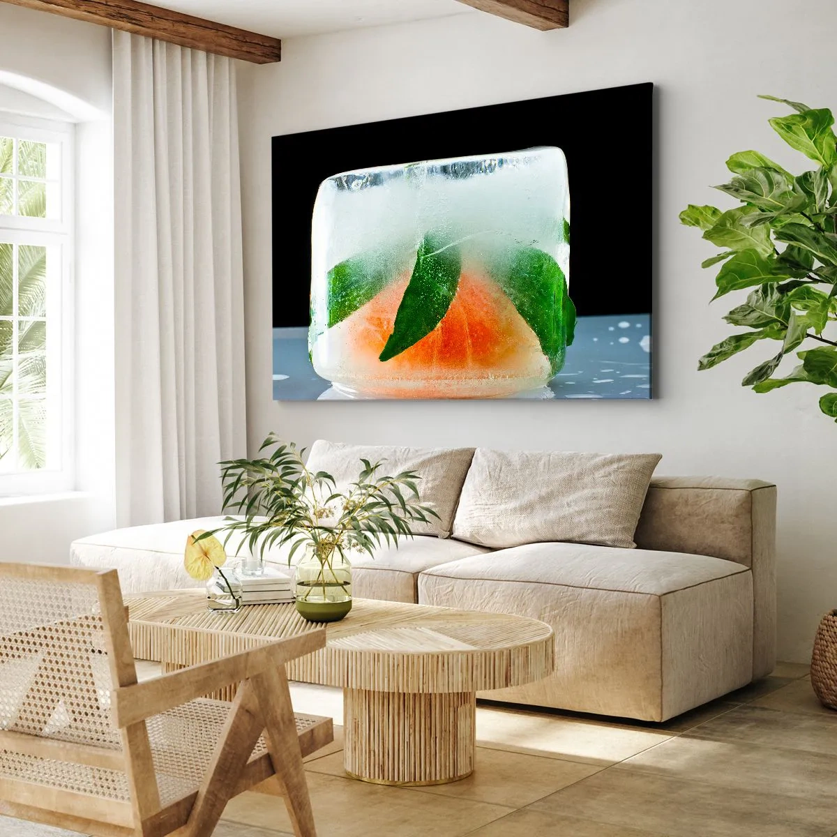 Canvas picture - Ice cube with orange and leaves - 70x50cm - Freshness and Coolness - Modern wall decoration for the living room and bedroom ARTTOR
