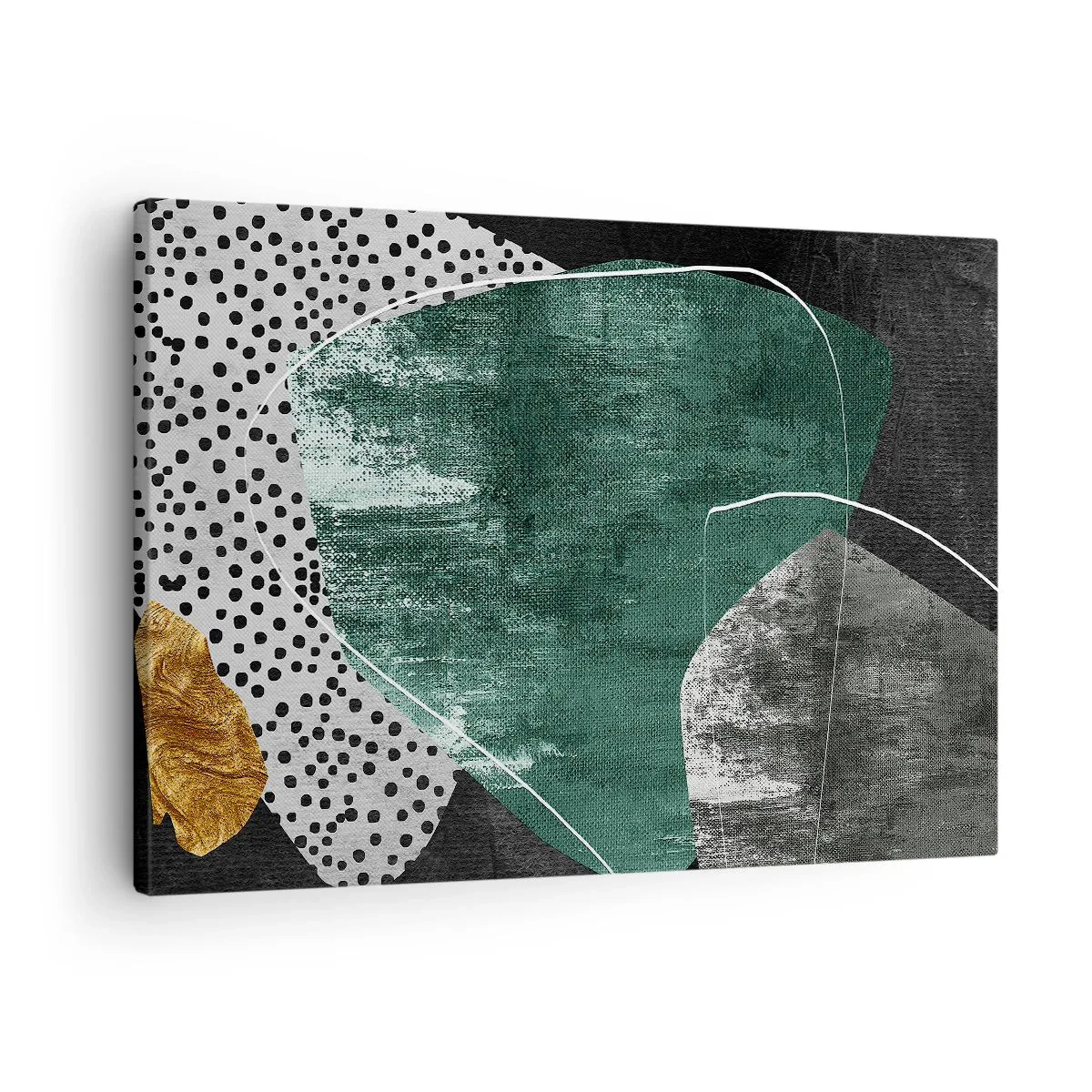 Canvas picture - Abstract composition with green shapes and dot patterns - 70x50cm - Colourful Abstract with a Golden Petal - Modern wall decoration for the living room and bedroom ARTTOR