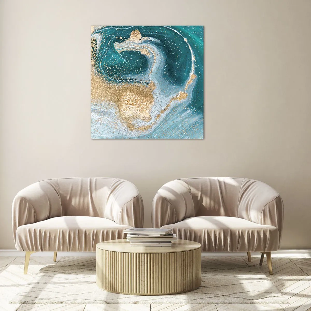 Glass picture - Swirl of Gold and Turquiose - 50x50 cm