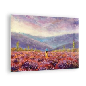 Glass picture - A figure wearing a hat in a lavender field at dusk - 70x50cm - In Lavendar World - Modern wall decoration for the living room and bedroom ARTTOR