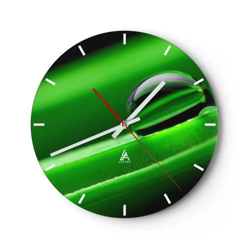 Wall clock - Clock on glass - A drop of water on a green leaf in macro photography - 30x30cm - Life from a Close-Up - Modern wall decoration for the living room, kitchen, and bedroom ARTTOR