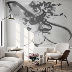 Photo Wallpaper Standard Eco - Lady with a Character - Woman In A Hat, Woman's Face, Black and white - 350x256 cm
