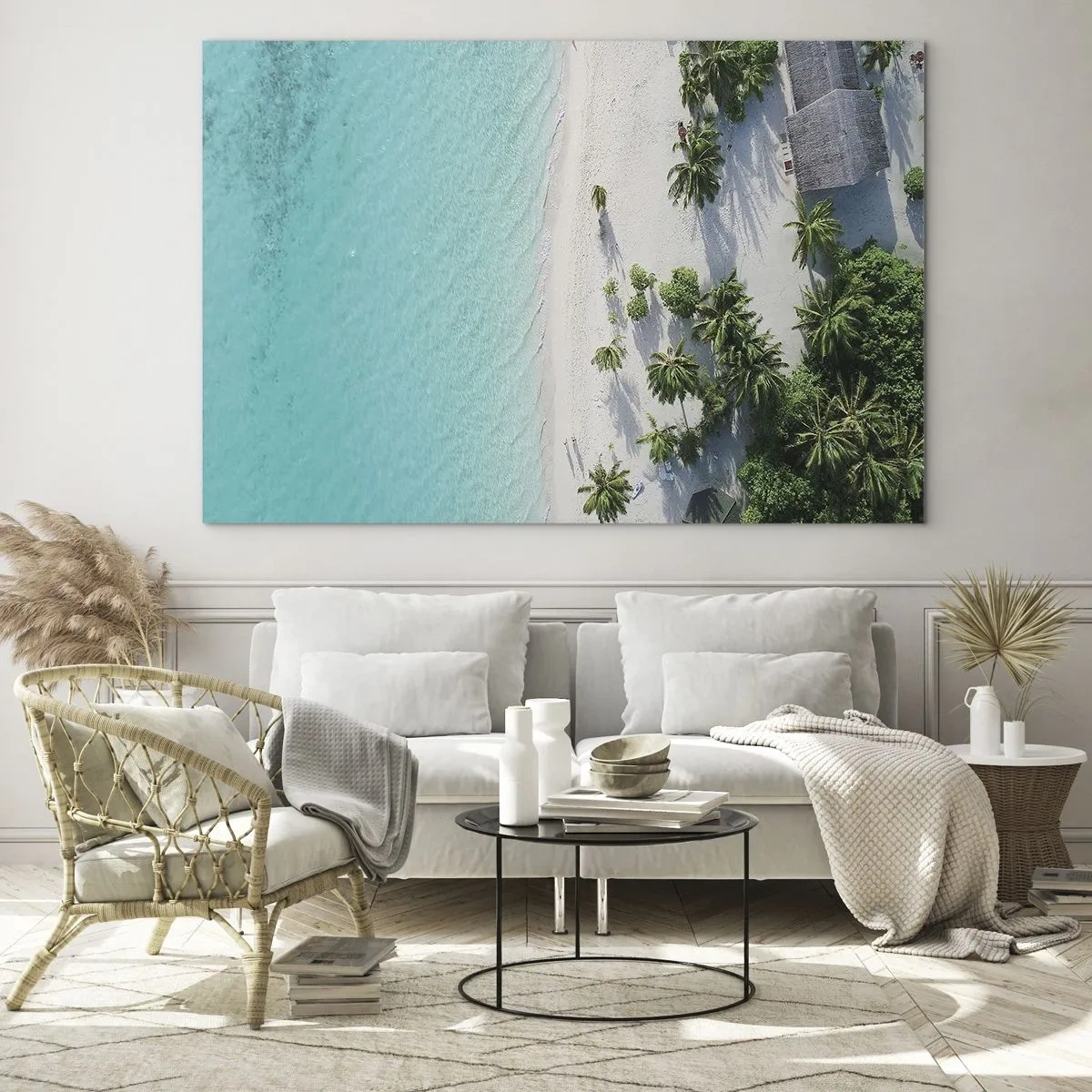 Glass picture - A bird's eye view of a tropical beach with palm trees and a turquoise sea - 70x50cm - Holidays in Paradise - Modern wall decoration for the living room and bedroom ARTTOR