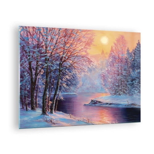 Glass picture - Winter landscape with a river and a sunset - 70x50cm - Colours of Winter - Modern wall decoration for the living room and bedroom ARTTOR