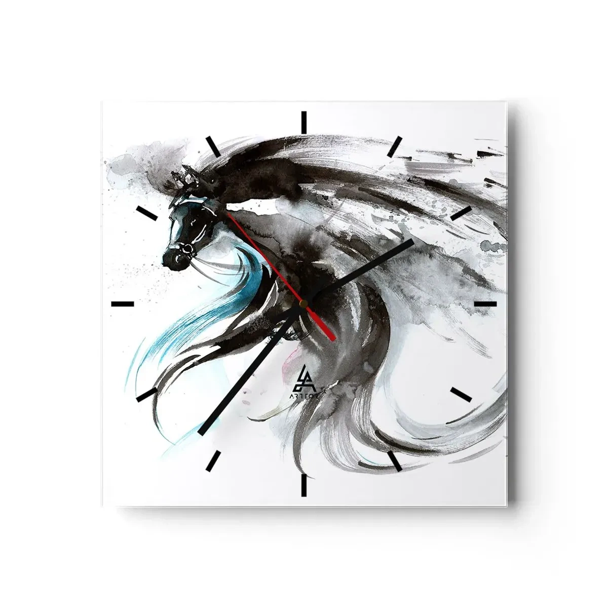 Wall clock - Clock on glass - Gallop of a Black Prince - 30x30 cm