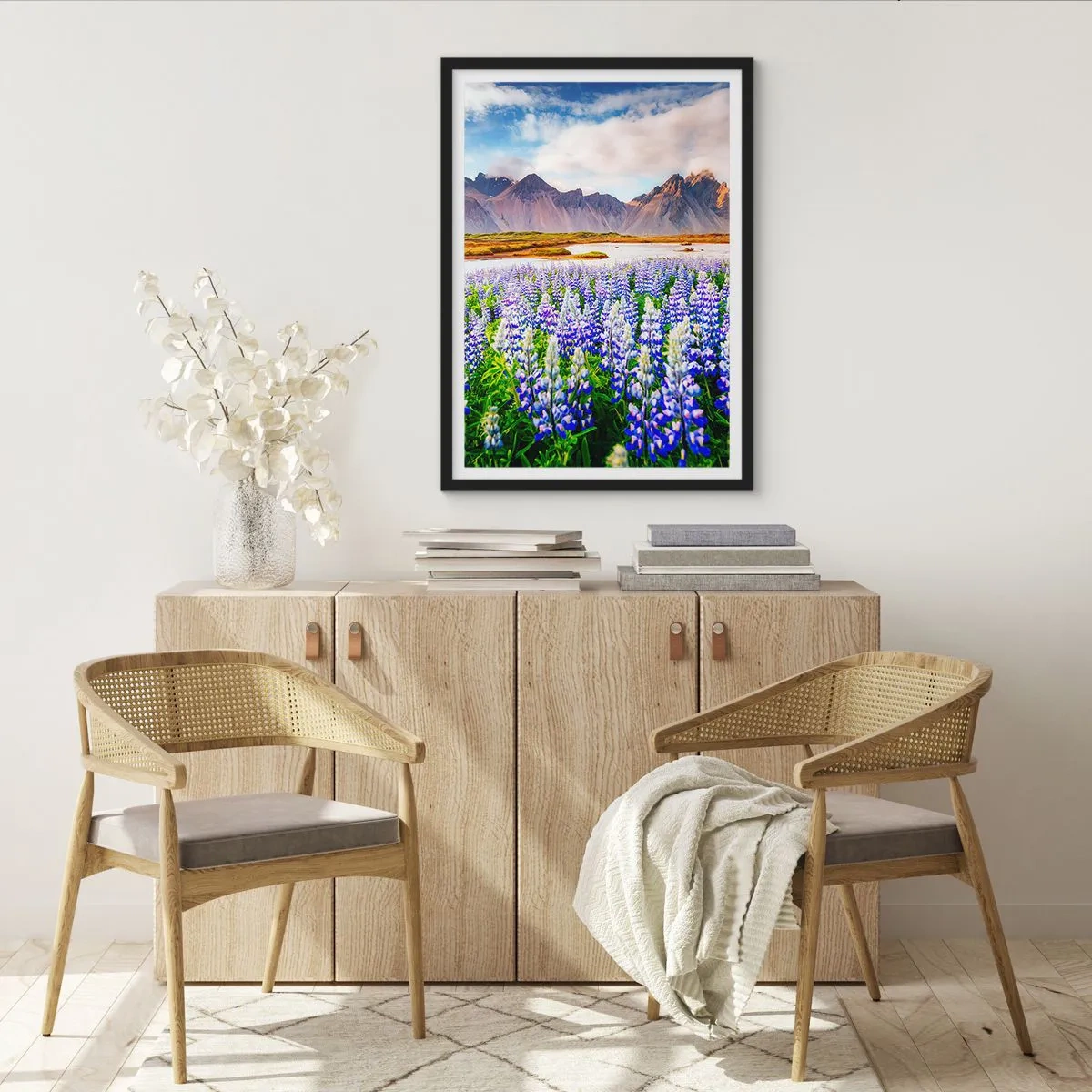 Poster in black frame - A field of lupines with mountains in the background - 50x70cm - Strength and Severity next to Sweetness - Modern wall decoration for the living room and bedroom ARTTOR