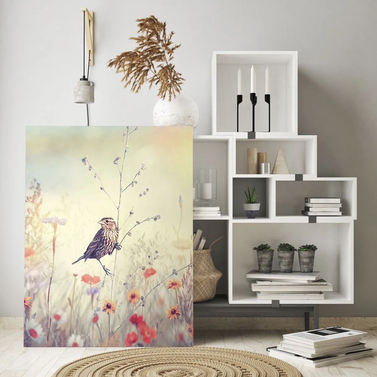 Glass picture - Bird Portrait with a Meadow in the Background - 70x100 cm