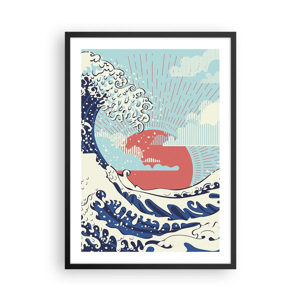Poster in black frame - Japanese-inspired graphic wave with a red sun - 50x70cm - From Japanese Inspirations - Modern wall decoration for the living room and bedroom ARTTOR