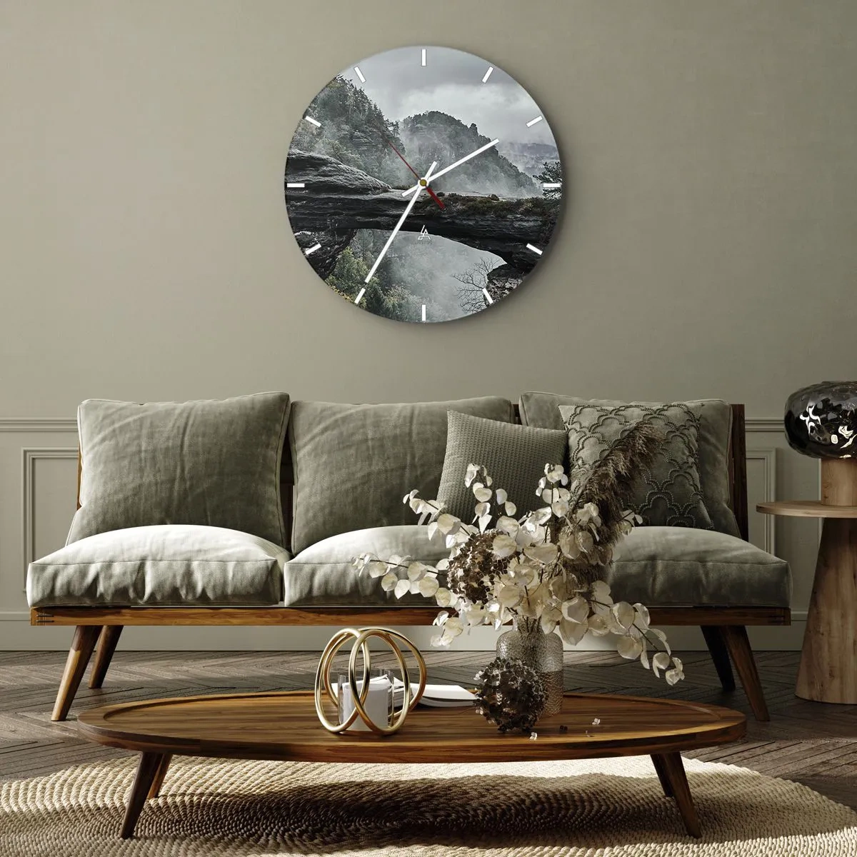 Wall clock - Clock on glass - Misty mountain landscape with a natural rock bridge - 30x30cm - Adventure Is About to Start - Modern wall decoration for the living room, kitchen, and bedroom ARTTOR