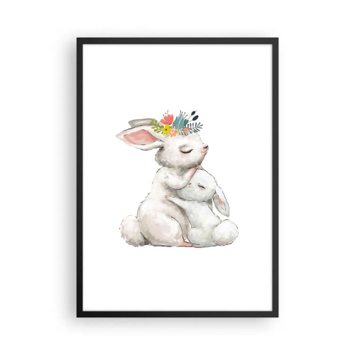 Poster in black frame - Two bunnies in an embrace with a flower wreath on their heads - 50x70cm - There's No Place Like at Mum's - Modern wall decoration for the living room and bedroom ARTTOR