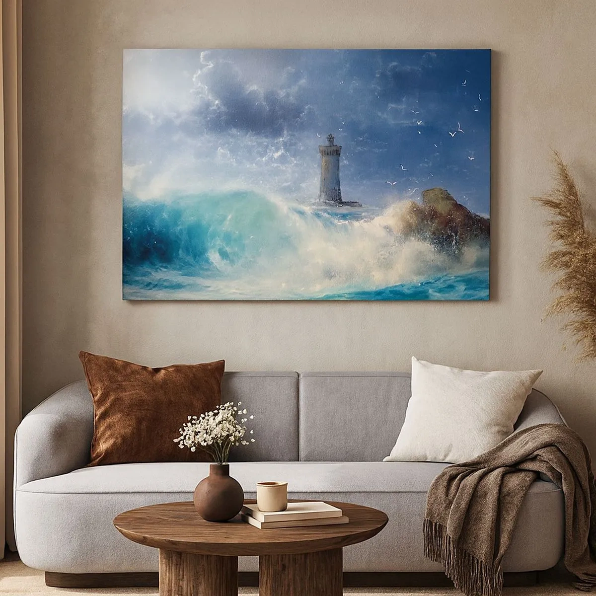 Canvas picture - A lighthouse surrounded by rough waves and clouds - 70x50cm - Standing Guard against the Elements - Modern wall decoration for the living room and bedroom ARTTOR