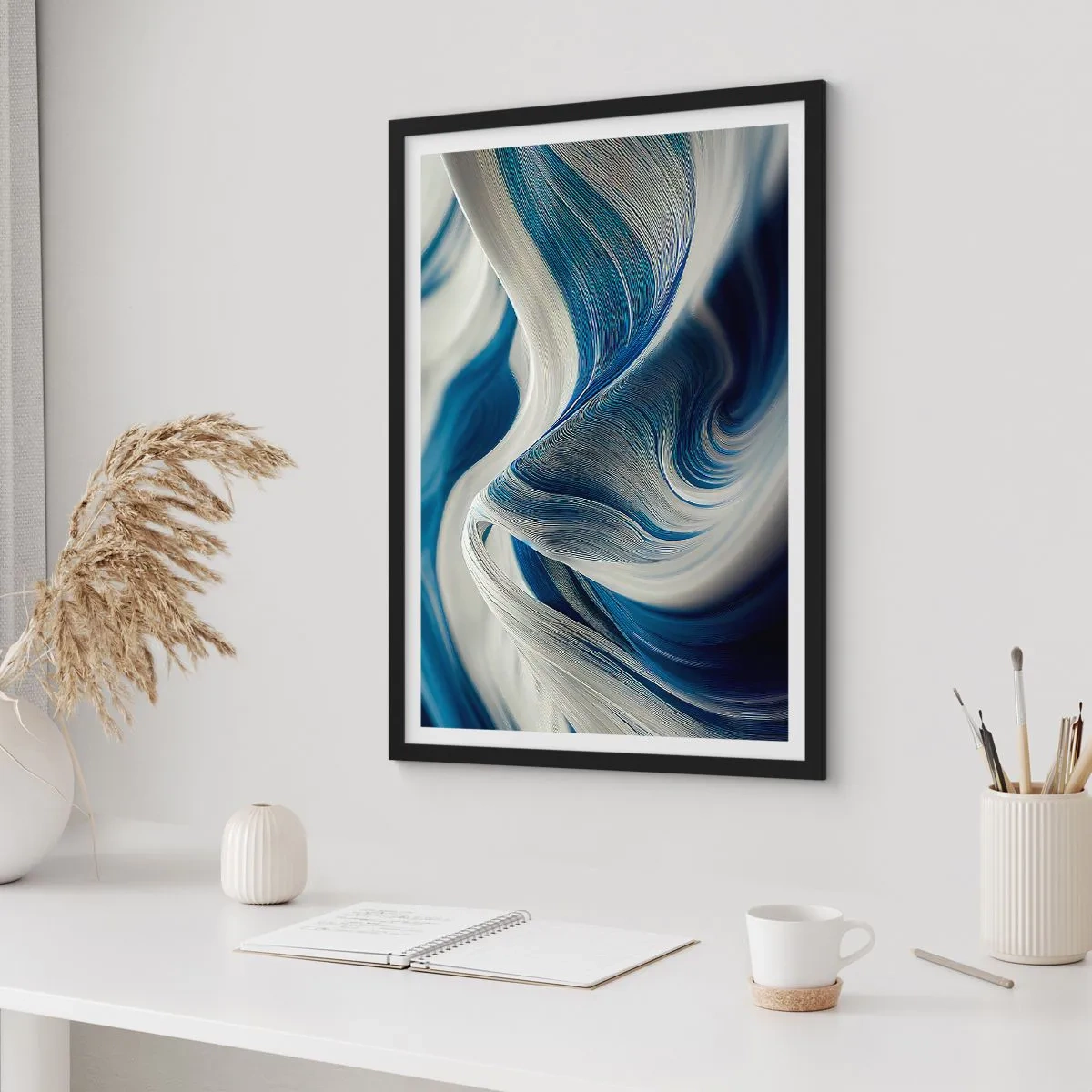 Poster in black frame - Fluidity of Blue and White - 40x50 cm