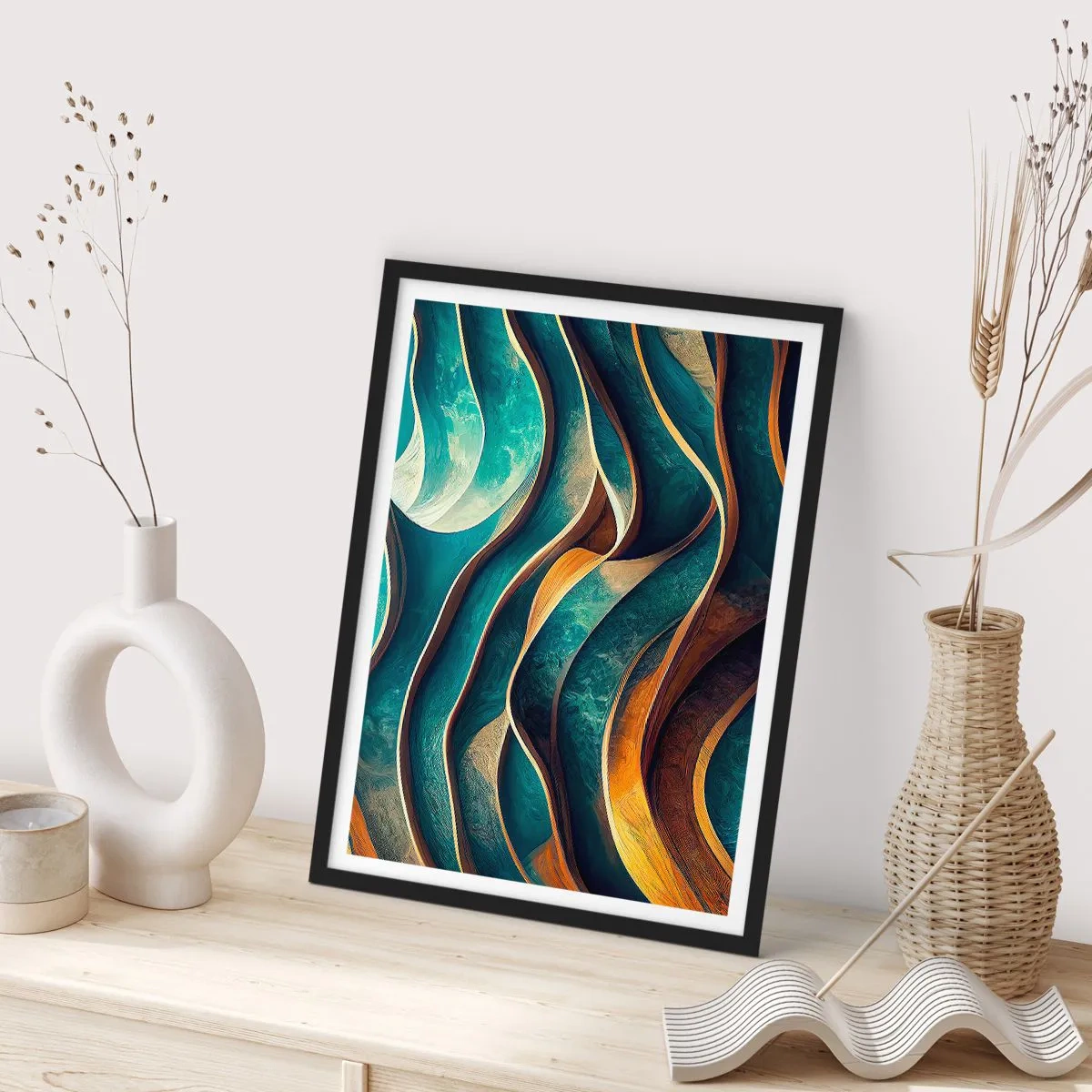 Poster in black frame - An abstract composition of wavy shapes in shades of turquoise. - 50x70cm - Meanderings of Blue - Modern wall decoration for the living room and bedroom ARTTOR