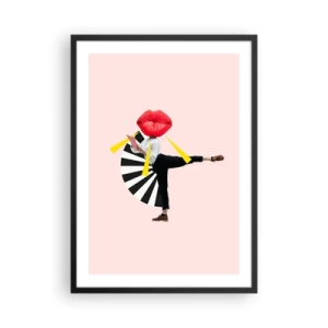 Poster in black frame - A surreal composition with lips and geometric elements on a pink background. - 50x70cm - Surrealistic Pop-Art. - Modern wall decoration for the living room and bedroom ARTTOR