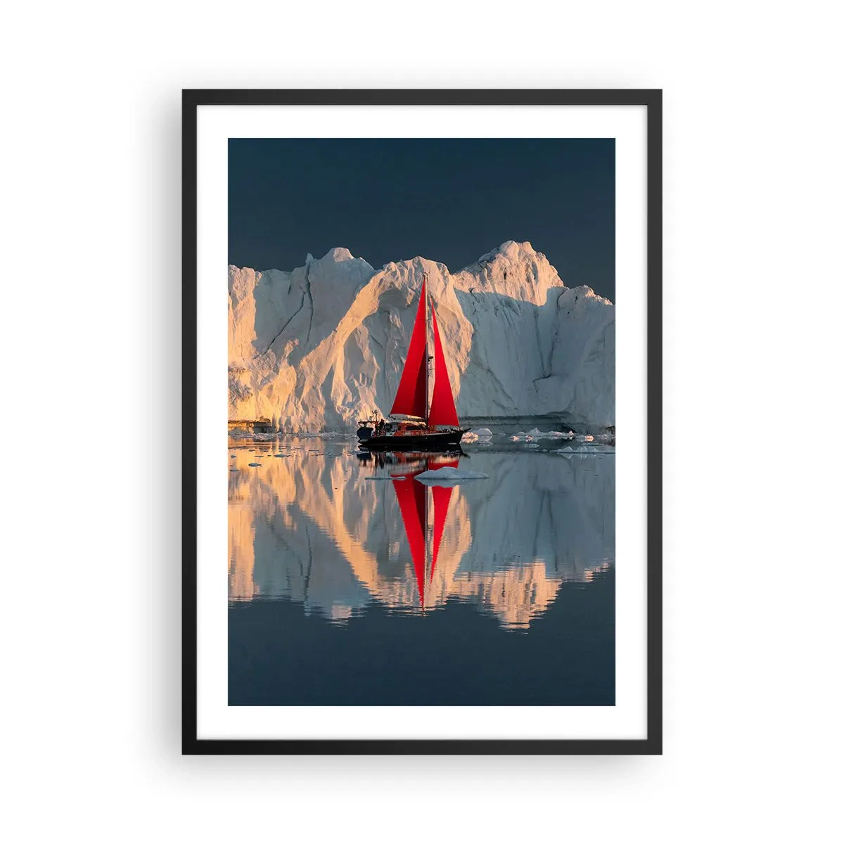 Poster in black frame - The red sail of a boat against the backdrop of glaciers and calm water - 50x70cm - On the Edge of the World - Modern wall decoration for the living room and bedroom ARTTOR