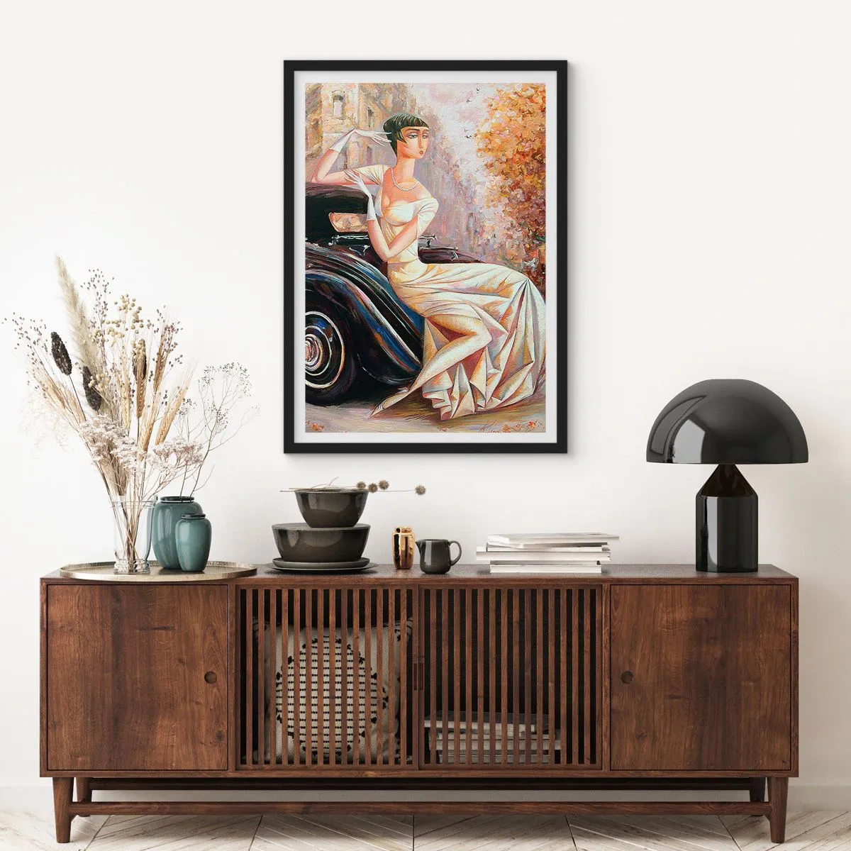 Poster in black frame - Elegant woman next to a retro car in a painterly style - 50x70cm - Elegance - Retro Style - Modern wall decoration for the living room and bedroom ARTTOR