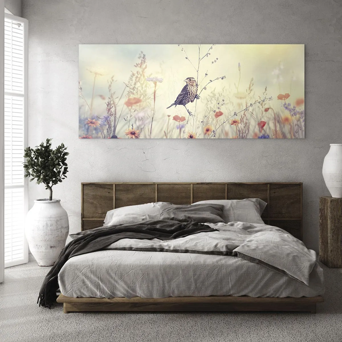 Glass picture - Bird Portrait with a Meadow in the Background - 100x40 cm