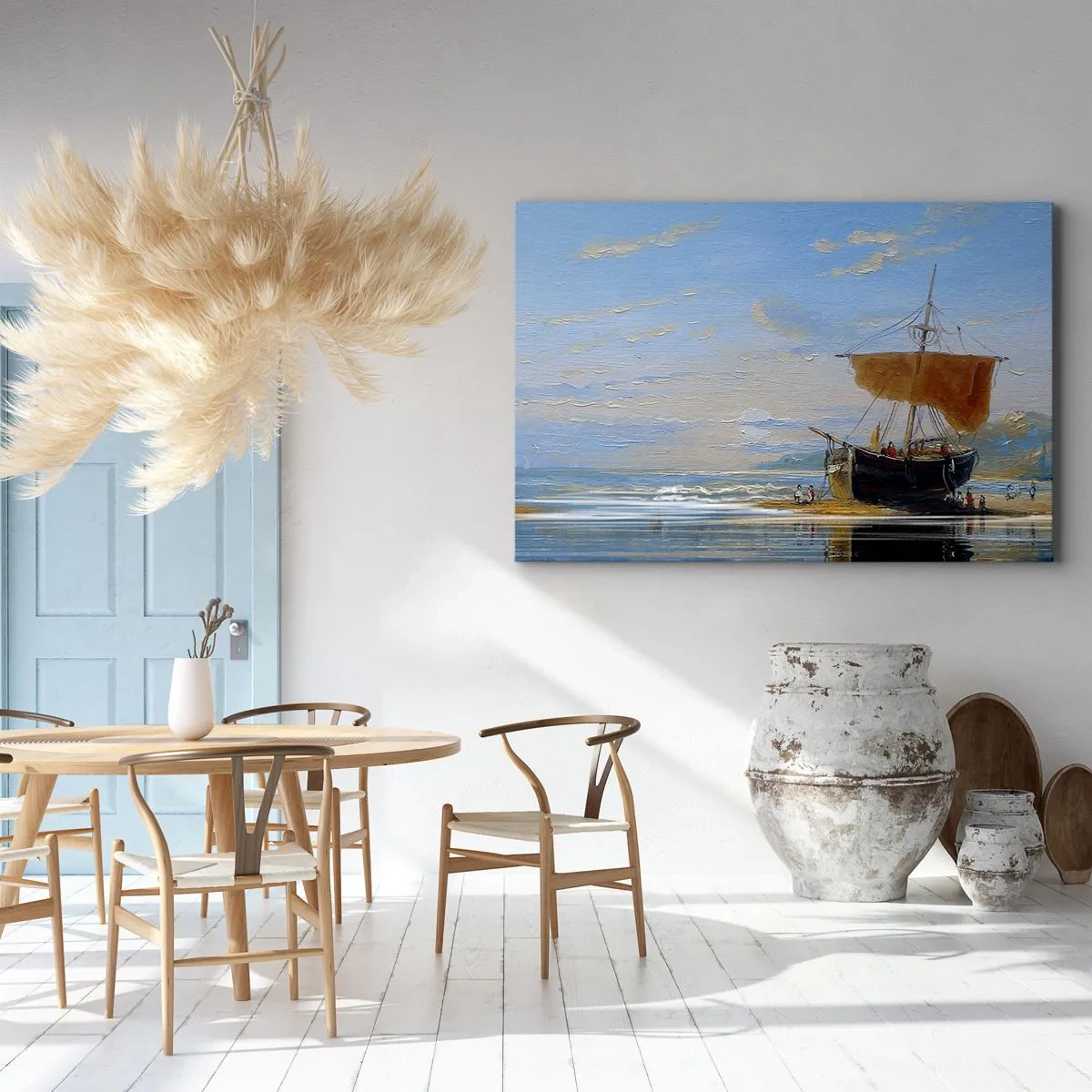 Canvas picture - A ship on the seashore on a sunny day - 70x50cm - Water, Earth, Air - Modern wall decoration for the living room and bedroom ARTTOR