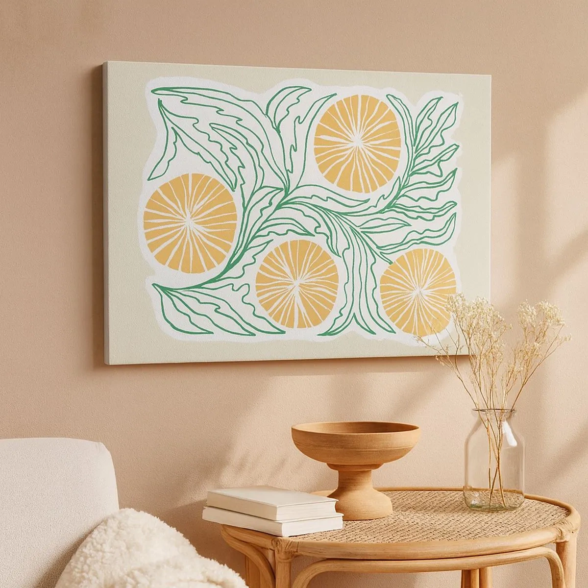 Canvas picture - A minimalist orange motif with green leaves - 70x50cm - Ethnic with an Abstract Note - Modern wall decoration for the living room and bedroom ARTTOR