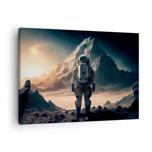 Canvas picture - Astronaut against the backdrop of majestic mountains - 70x50cm - New Challenge - Modern wall decoration for the living room and bedroom ARTTOR