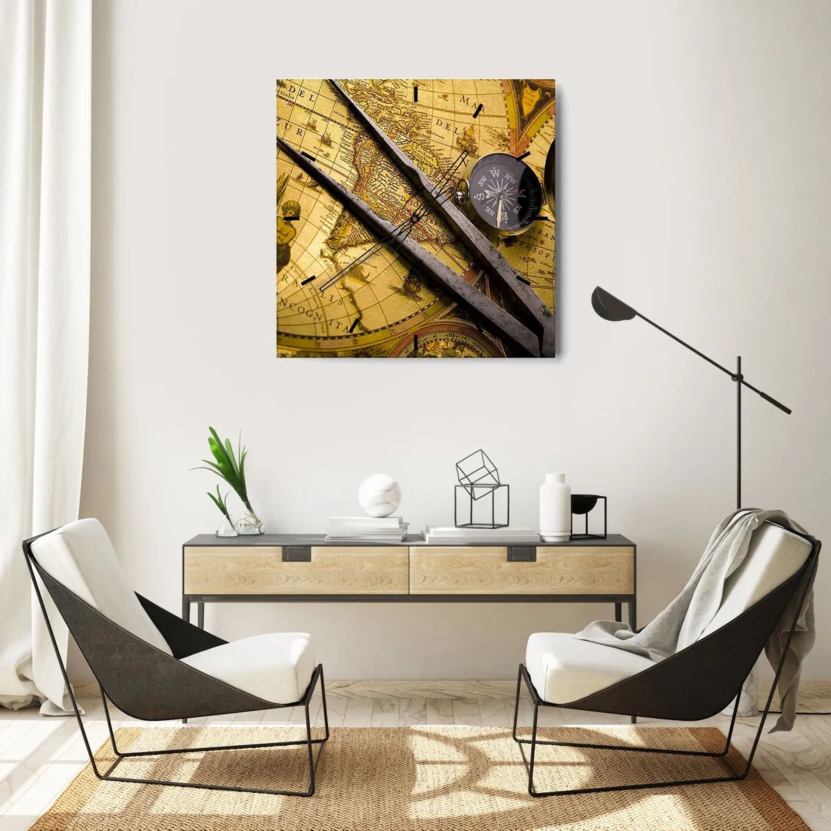 Wall clock - Clock on glass - With a Compass through the Seas - 40x40 cm
