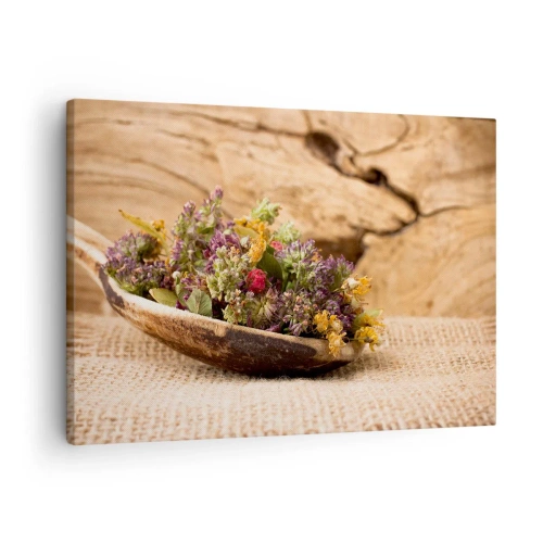 Canvas picture - Dried herbs in a wooden spoon on a natural wood background - 70x50cm - Colourful Flowers and Fragrant Herbs - Modern wall decoration for the living room and bedroom ARTTOR