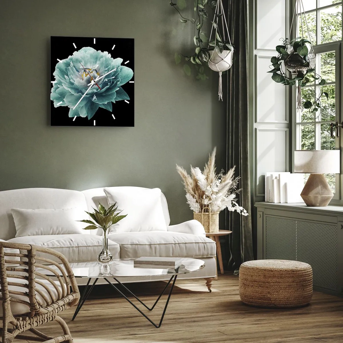 Wall clock - Clock on glass - Blue and Gold Petals - 30x30 cm