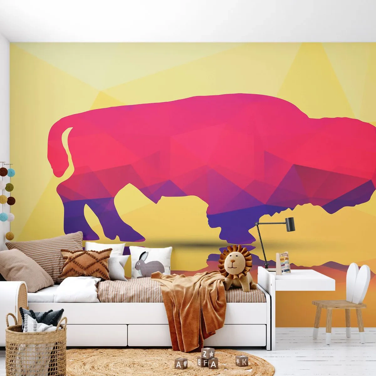 Photo Wallpaper Premium Canvas - Amarantine Power of a Bison - Animals, Wisent, Geometric Figure - 150x105 cm