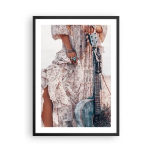 Poster in black frame - A fragment of a dress with ornaments and a boho-style guitar - 50x70cm - Flower Chidlren on their Way - Modern wall decoration for the living room and bedroom ARTTOR