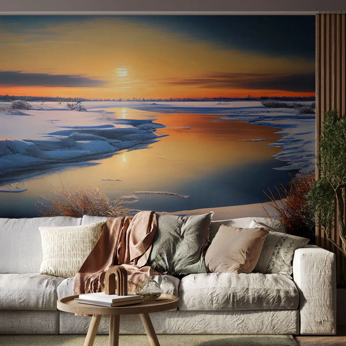 Photo Wallpaper Standard Eco - A snow-covered river in the glow of a winter sunset - 100x70cm - Winter Sunset - Modern wall decoration for the living room and bedroom ARTTOR