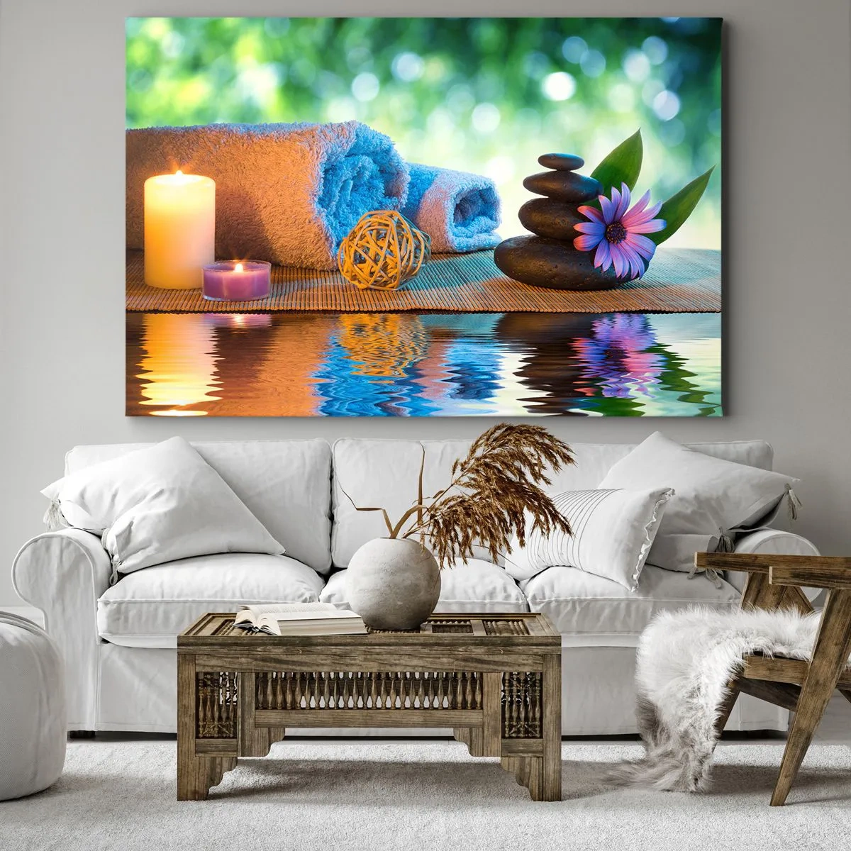 Canvas picture - Relaxing SPA set with towels, candles and stones - 70x50cm - Time for the Body - Modern wall decoration for the living room and bedroom ARTTOR