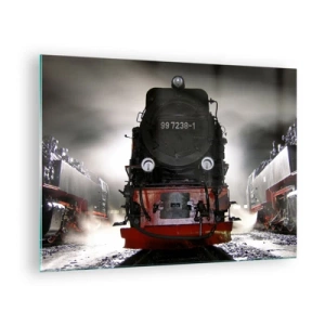 Glass picture - A steam locomotive surrounded by steam and light - 70x50cm - Standing and Wheezing, Panting and Blowing - Modern wall decoration for the living room and bedroom ARTTOR