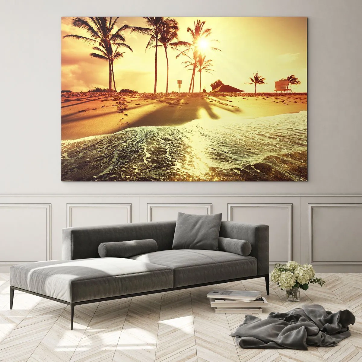 Glass picture - Golden beach with palm trees at sunset and a calm sea - 70x50cm - Californian Afternoon - Modern wall decoration for the living room and bedroom ARTTOR