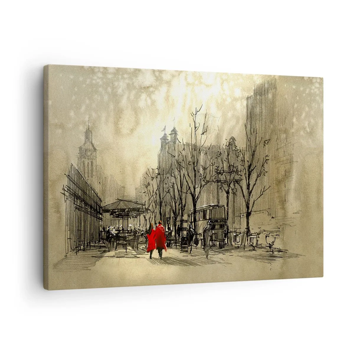 Canvas picture - A red figure in a nostalgic urban setting - 70x50cm - A Date in London Fog - Modern wall decoration for the living room and bedroom ARTTOR
