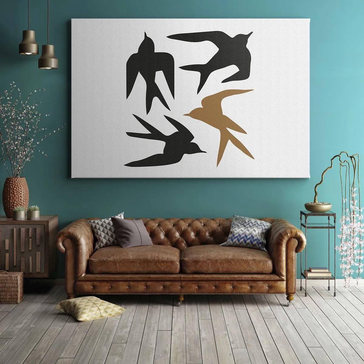 Canvas picture - Silhouettes of swallows in black and gold - 70x50cm - Swallows at Play - Modern wall decoration for the living room and bedroom ARTTOR