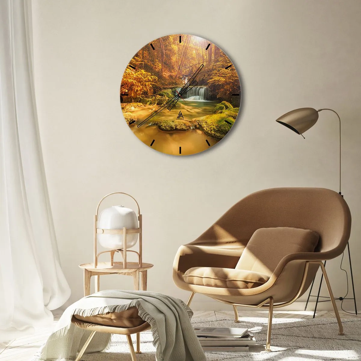 Wall clock - Clock on glass - Forest Cascade in Gold - 30x30 cm