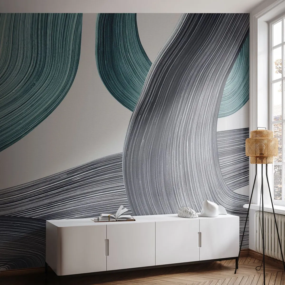 Self-Adhesive Photo Wallpaper Deluxe Sticker - Emerald and Black Trails - Paint, Brush, Minimalism - 250x175 cm