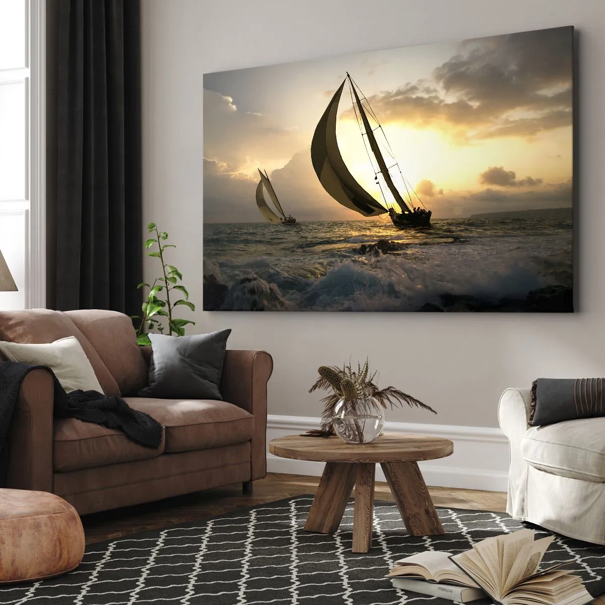 Canvas picture - Sailboats at sea during sunset - 70x50cm - With and against the Wind - Modern wall decoration for the living room and bedroom ARTTOR