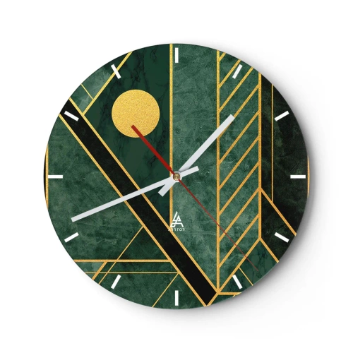 Wall clock - Clock on glass - Green background with geometric gold lines and a gold circle - 30x30cm - Dynamics of Gold and Azure - Modern wall decoration for the living room, kitchen, and bedroom ARTTOR