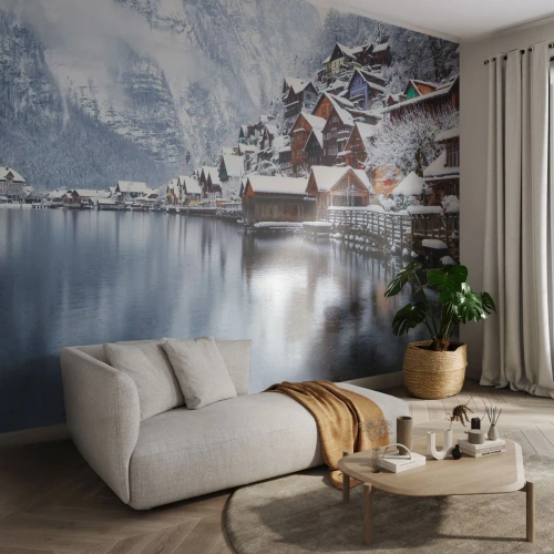 Self-Adhesive Photo Wallpaper Deluxe Sticker - In Winter Decoration - Landscape, Mountain Settlement, Winter - 300x210 cm