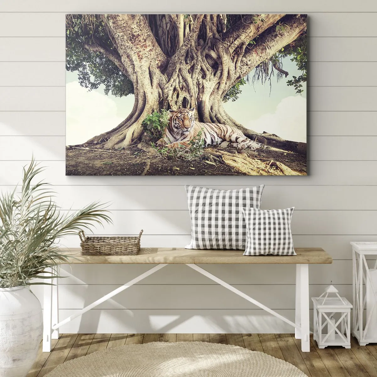 Canvas picture - A tiger resting under a spreading tree - 70x50cm - View from the Genesis - Modern wall decoration for the living room and bedroom ARTTOR