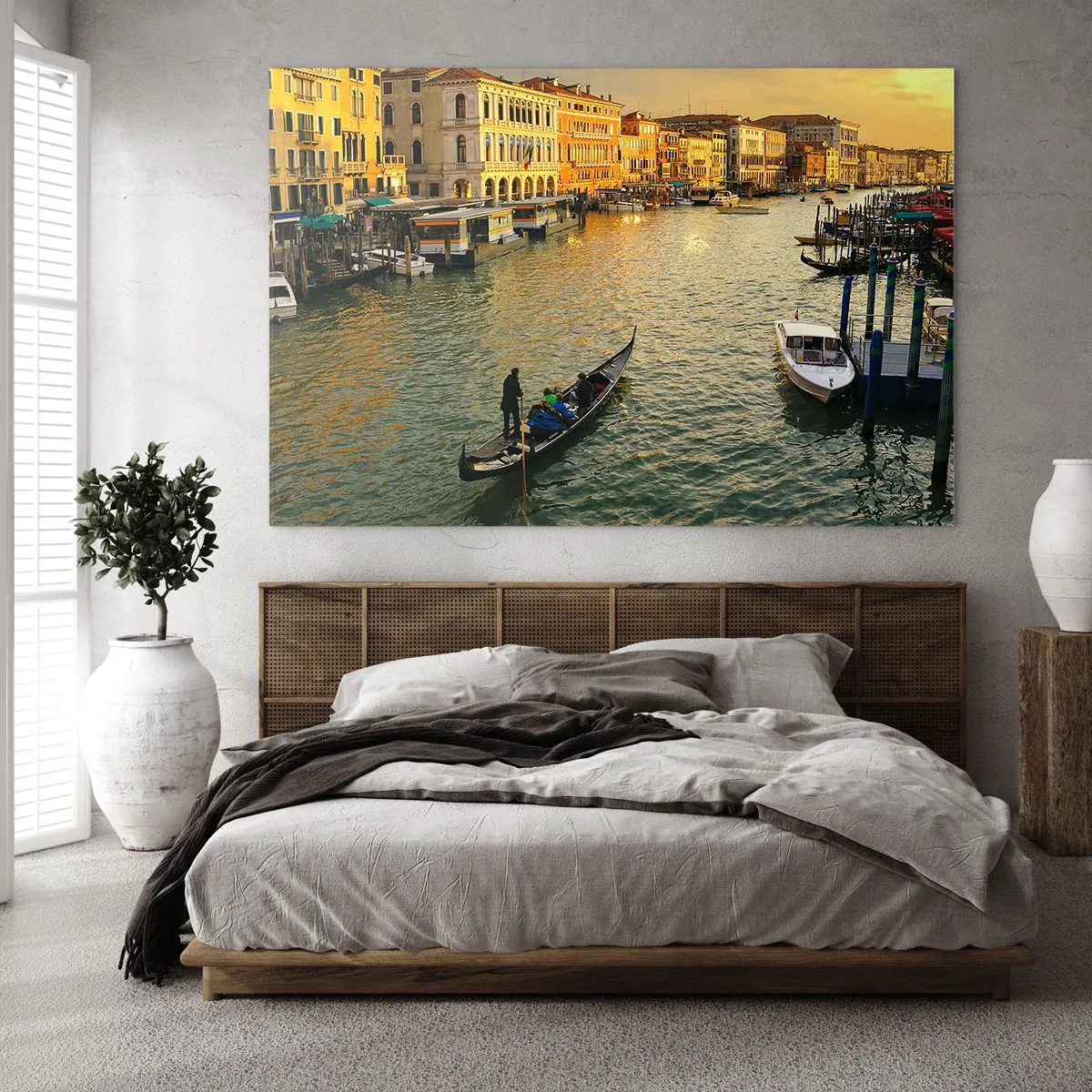 Glass picture - Sunset over a Venice canal with gondolas - 70x50cm - On the Sunny side of a Street - Modern wall decoration for the living room and bedroom ARTTOR