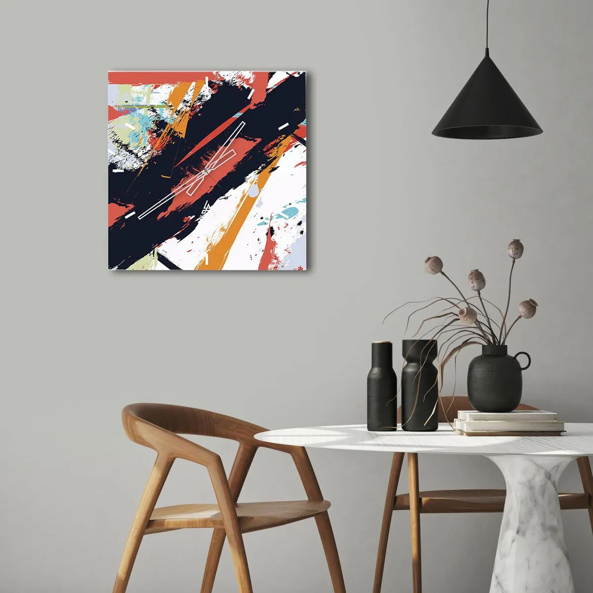 Wall clock - Clock on glass - Dynamic Composition - 40x40 cm