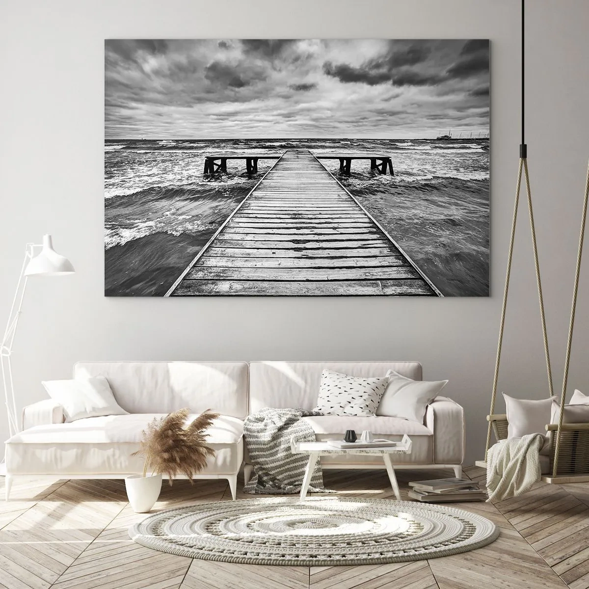 Glass picture - A black and white jetty amidst rough waves - 70x50cm - Waiting for the Wind to Blow away - Modern wall decoration for the living room and bedroom ARTTOR