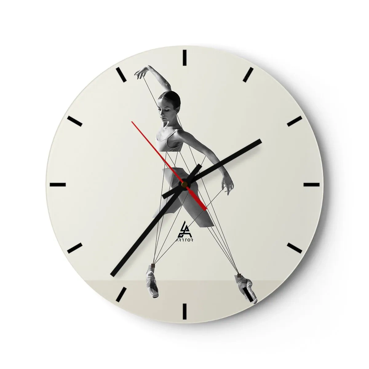 Wall clock - Clock on glass - A black and white ballerina stylized as a puppet on a light background. - 30x30cm - In the Theatre of the World - Modern wall decoration for the living room, kitchen, and bedroom ARTTOR